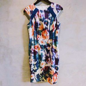 David Meister Abstract Ikat Watercolor Blue Multi Cocktail Formal Dress, Size 6